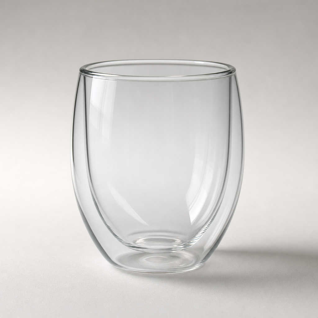 Clear double-wall borosilicate drinking glass.