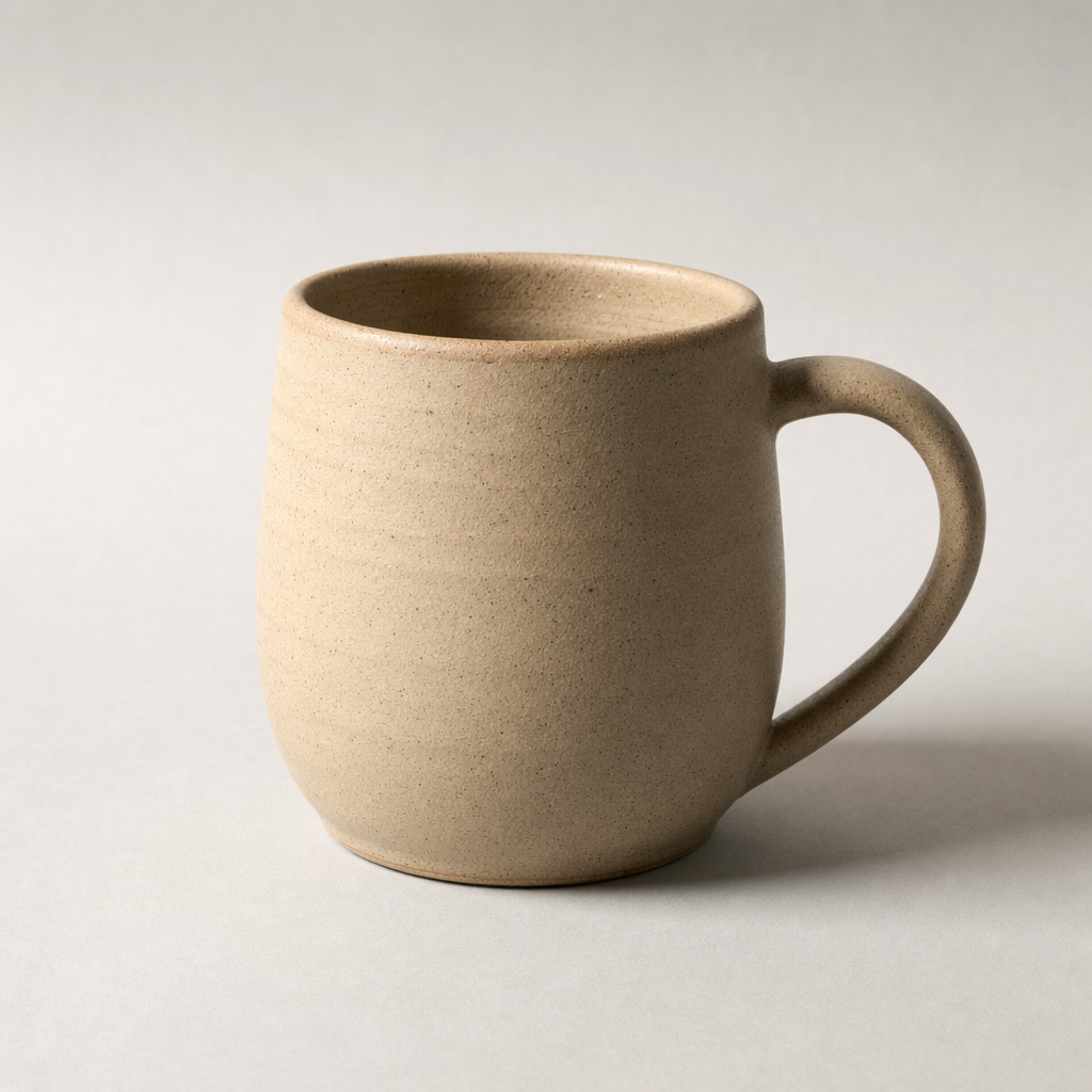 Matte sand-colored stoneware mug on a gray studio backdrop.