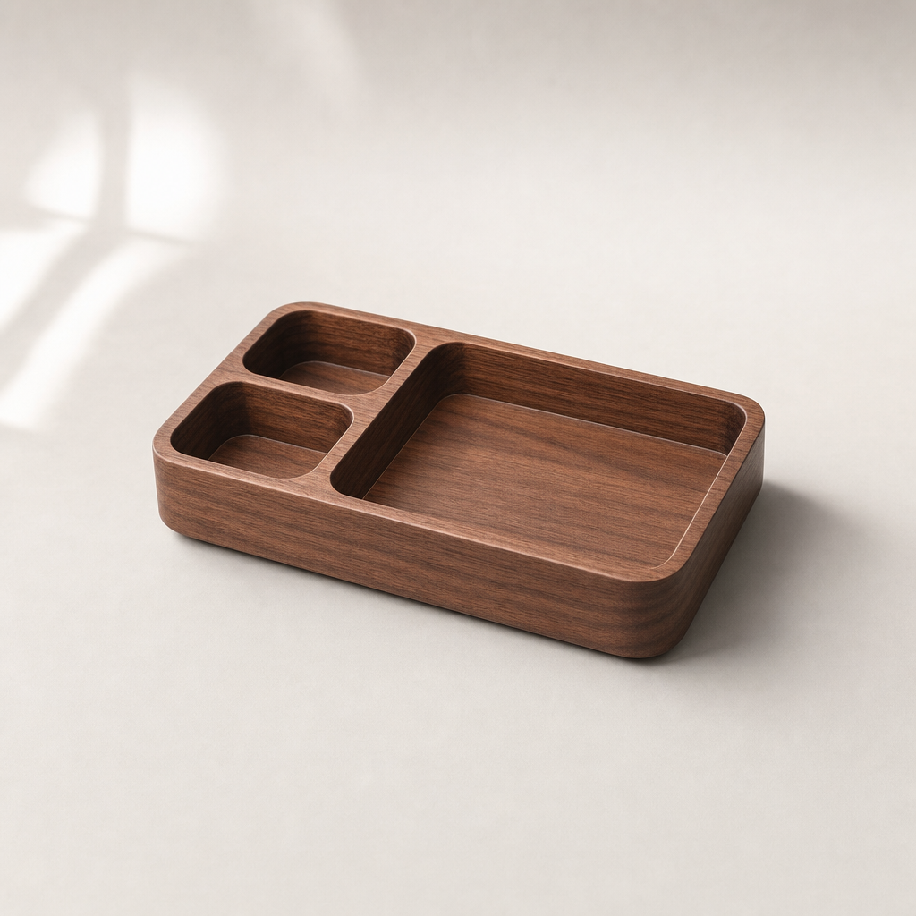 Rectangular walnut valet tray with rounded corners.