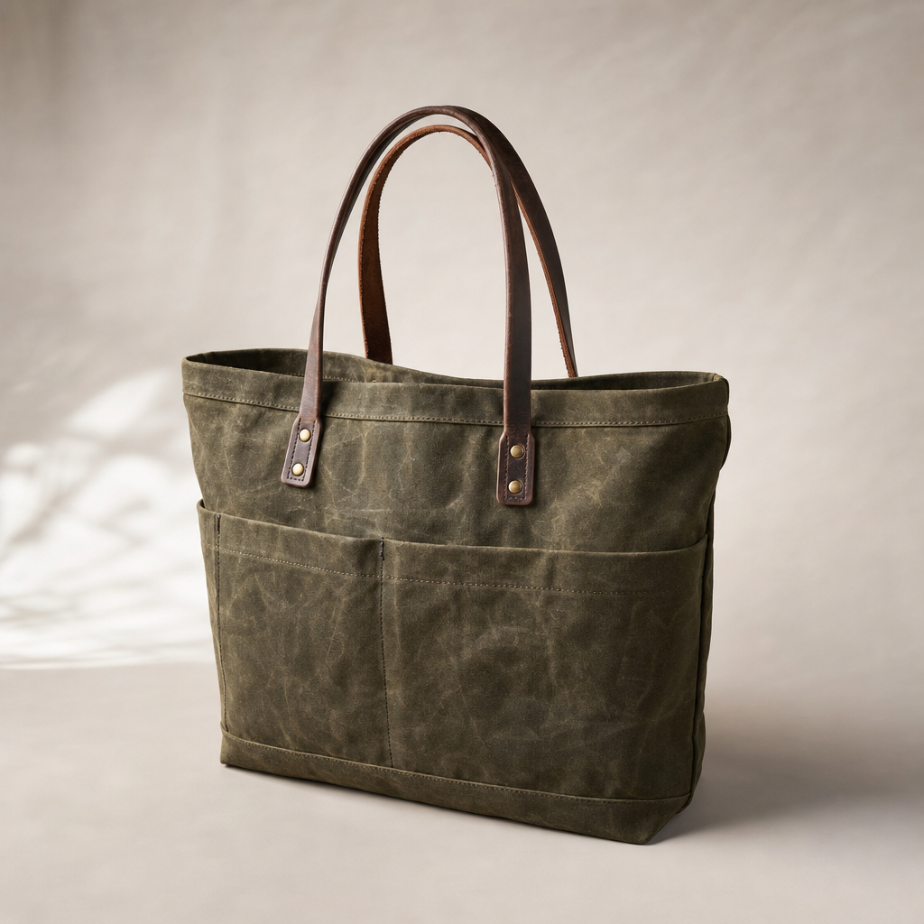 Olive waxed-canvas tote bag with leather handles.