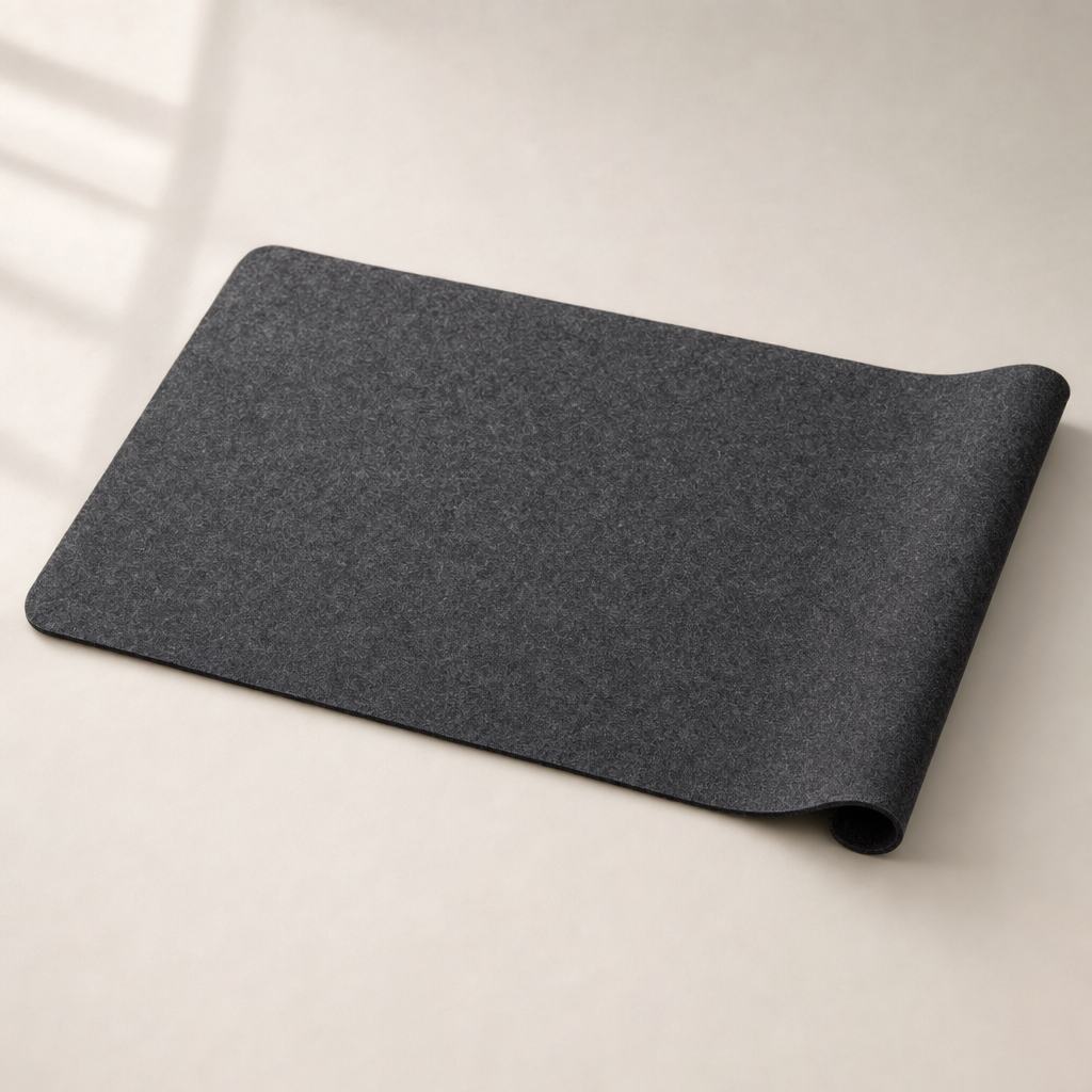 Charcoal gray felted wool desk mat.